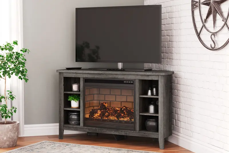Arlenbry Modern Gray Corner Tv Stand With Faux Firebrick Fireplace 1