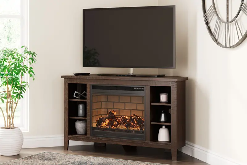 Camiburg Warm Brown Corner Entertainment Unit With Faux Firebrick Insert 1