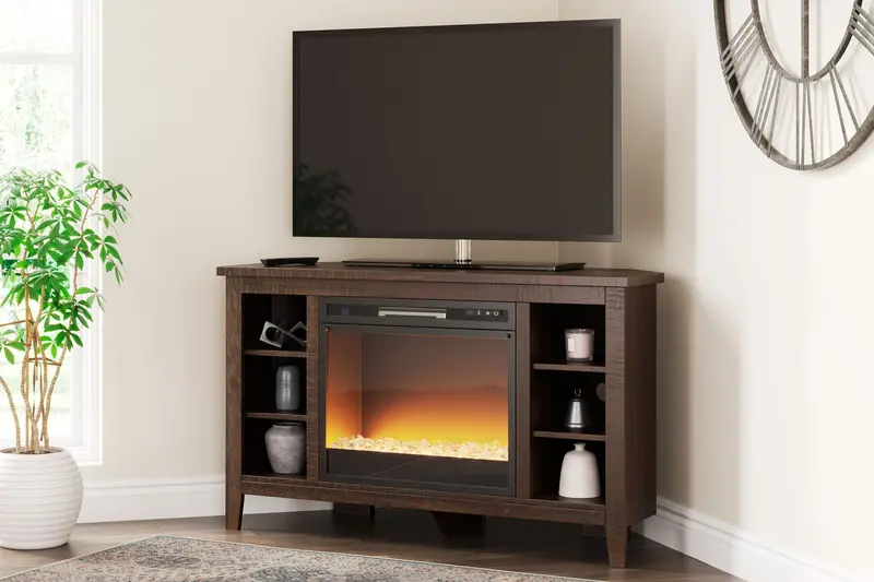 Camiburg Warm Brown Corner Tv Stand With Built-In Electric Fireplace – Glass And Stone Accents 1