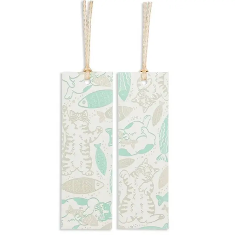 Foil-Stamped Rokkaku Bookmark Featuring Playful Cat And Fish Illustration 1