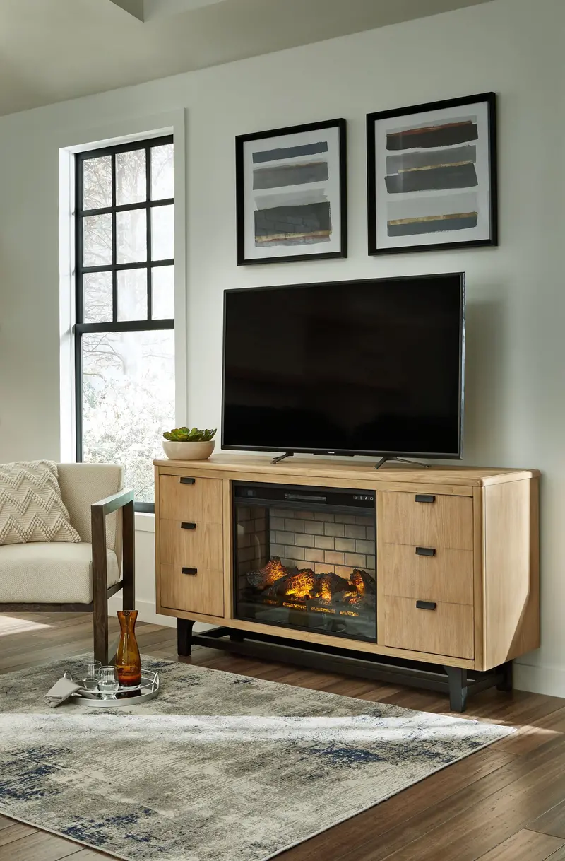 Freslowe Light Brown And Black Tv Stand With Infrared Fireplace 1