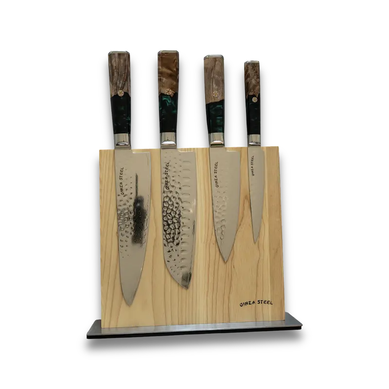 Ginza Steel Kaze Katana 4-Piece Chef Knife Set With Magnetic Ash Wood Block – Vg10 Damascus Steel 1