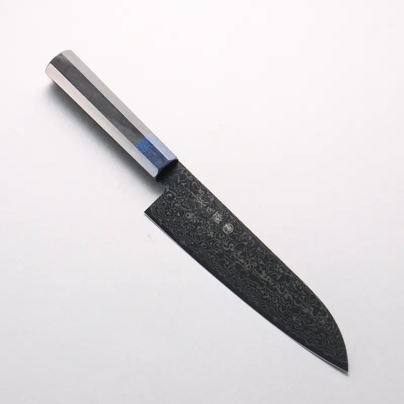 Higuchi Sg2 Black Damascus Santoku Knife – 180Mm With Black Pakka Wood Handle And Navy Pakka Wood Ferrule 1