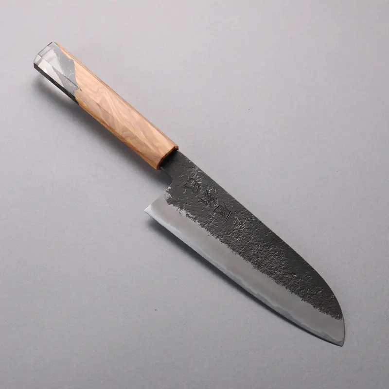 Hozantomoe Black-Finished Santoku – 180Mm White Steel #2 With Olive Wood & Black Resin Handle 1