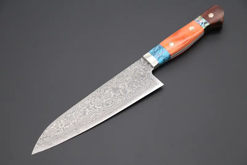 Itou R-2 Damascus Gyuto – 165Mm Featuring Turquoise Composite Stone, Orange Camel Bone, Abalone & Ironwood Handle (It-151) 1