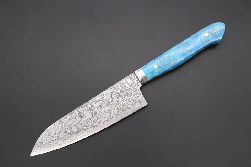 Itou R-2 Damascus Small Santoku – 135Mm With Golden Turquoise Gem Composite Handle 1