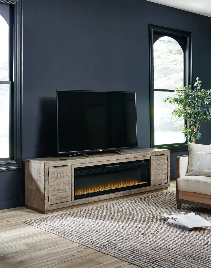 Krystanza Weathered Gray Tv Stand With Wide Fireplace Insert 1
