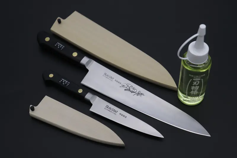 Misono Carbon Steel Lover 2-Piece Set: Sweden Steel Petty 120Mm & Gyuto 210Mm With Magnolia Sayas And Tsubaki Oil 1