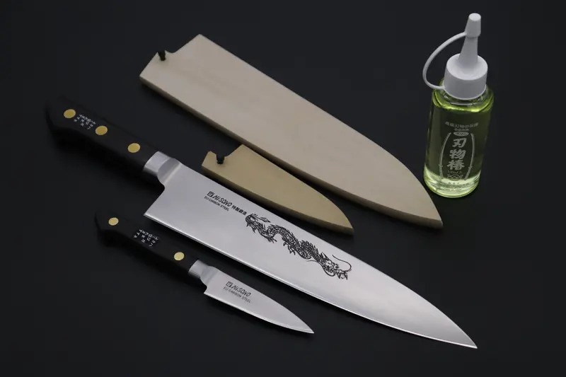 Misono Carbon Steel Lover Set: Sweden Steel No.134 Paring (80Mm) + No.113 Gyuto (240Mm) With Magnolia Sayas & Tsubaki Oil 1