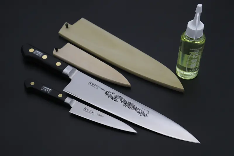 Misono Sweden Steel Carbon Set: Petty 120Mm + Gyuto 240Mm With Magnolia Sayas & Tsubaki Oil 1