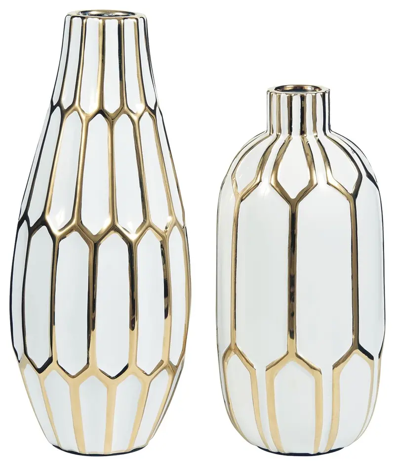 Mohsen Gold-Finish And White Ceramic Vase Pair 1