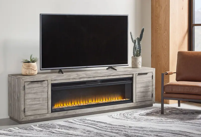 Naydell 92-Inch Tv Stand With Wide Fireplace Insert In Gray Finish 1