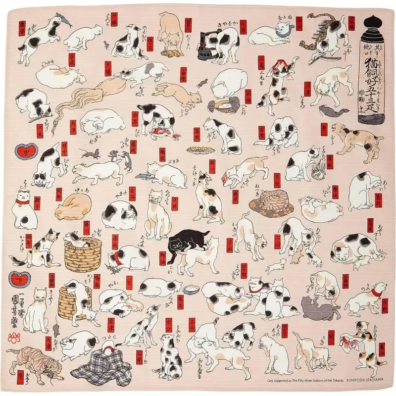 Pink Cat Parade Furoshiki – Ukiyo-E Inspired Cotton Wrapping Cloth (48 Cm) 1