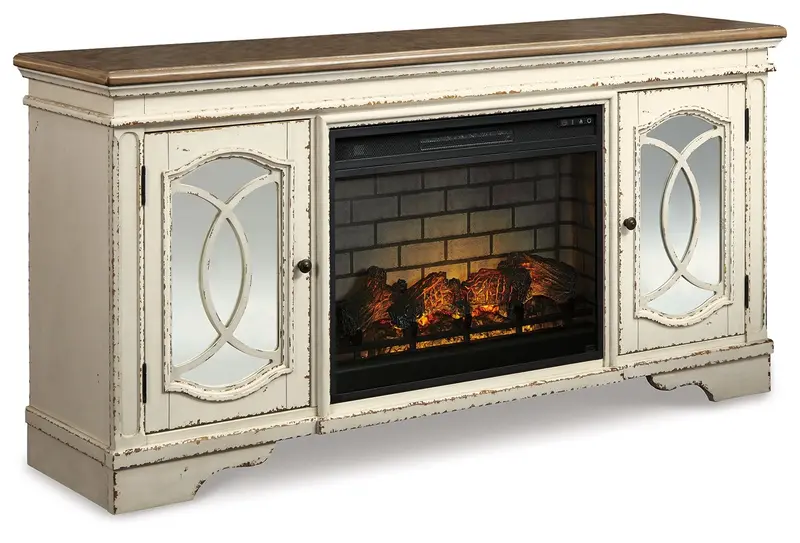 Realyn Chipped White 74-Inch Tv Stand With Electric Infrared Fireplace 1