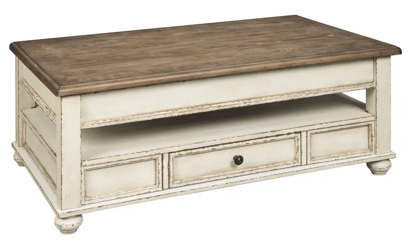 Realyn White And Brown Lift-Top Cocktail Table With Storage Space 1
