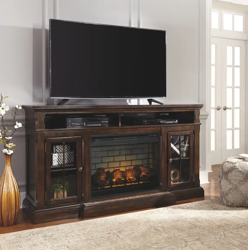 Roddinton Dark Brown 74-Inch Tv Stand With Electric Infrared Fireplace 1