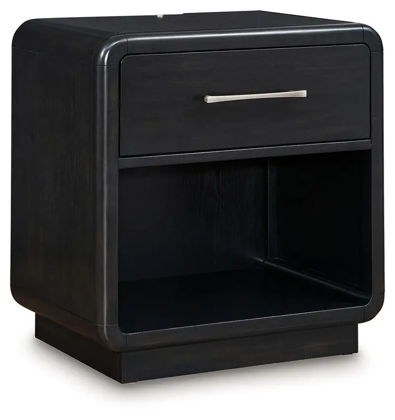 Rowanbeck Black One-Drawer Nightstand – Minimalist Bedroom Accent 1