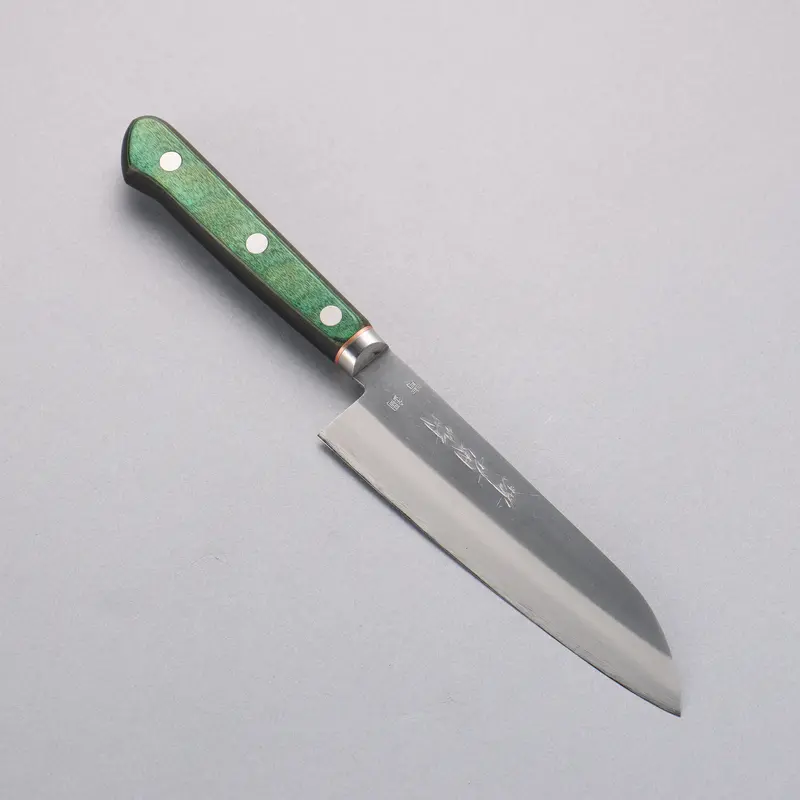Sakai Kikumori Blue Steel No.1 Santoku – 140Mm, Green Pakka Wood Handle 1