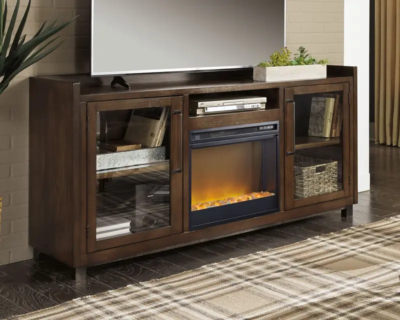 Starmore Brown 70-Inch Tv Stand With Glass And Stone Fireplace Insert 1