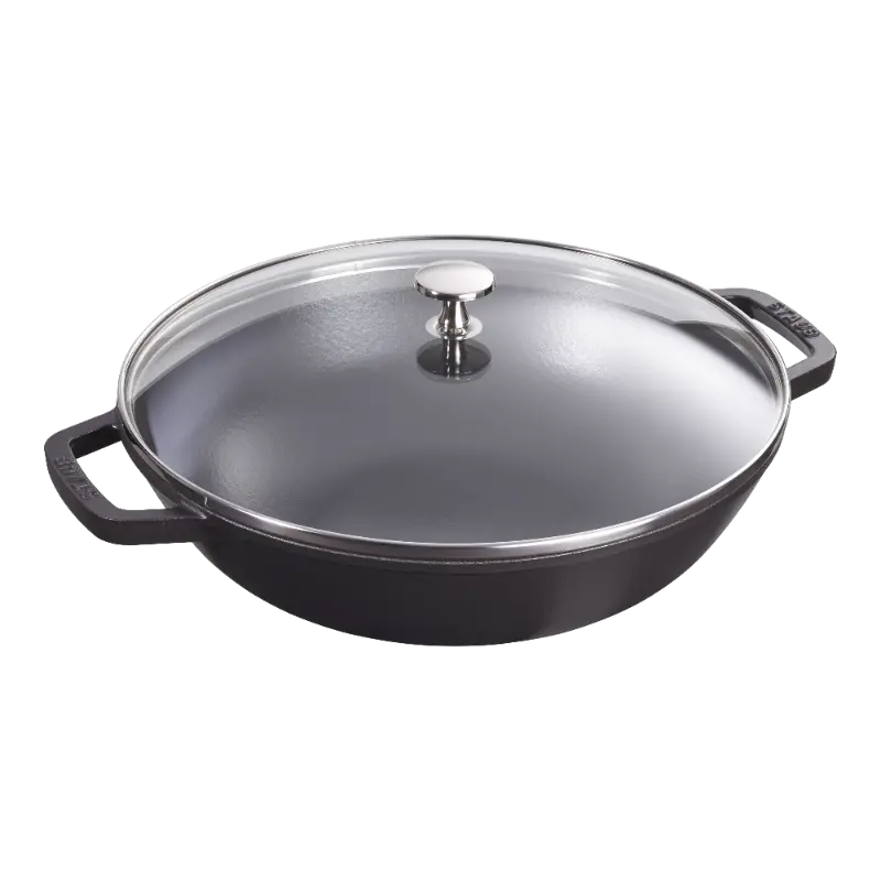 Staub 30 Cm Black Cast Iron Wok With Tempered Glass Lid 1