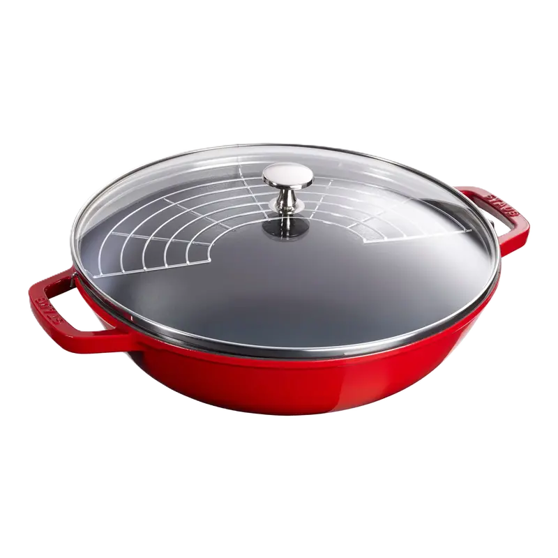 Staub 30 Cm Cherry-Red Cast Iron Wok With Oven-Safe Glass Lid 1