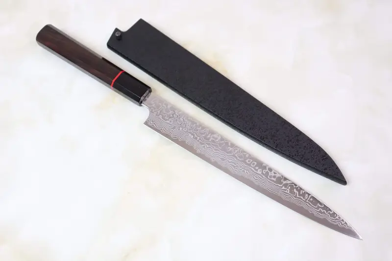 Sukenari Gingami No.3 Nickel Damascus Sujihiki – 240Mm & 270Mm Ebony Handle With Red Spacer 1