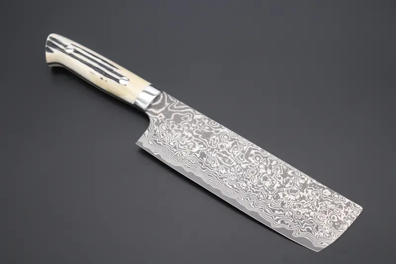 Takeshi Saji R-2 Black Damascus Nakiri Knife – 165Mm, Stag Bone Handle 1