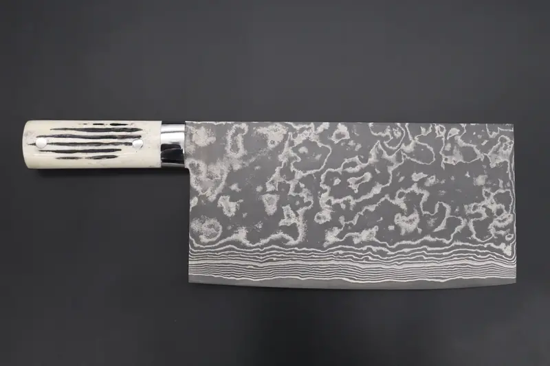 Takeshi Saji R-2 Damascus Chinese Cleaver – Custom, Stag Bone Handle 1