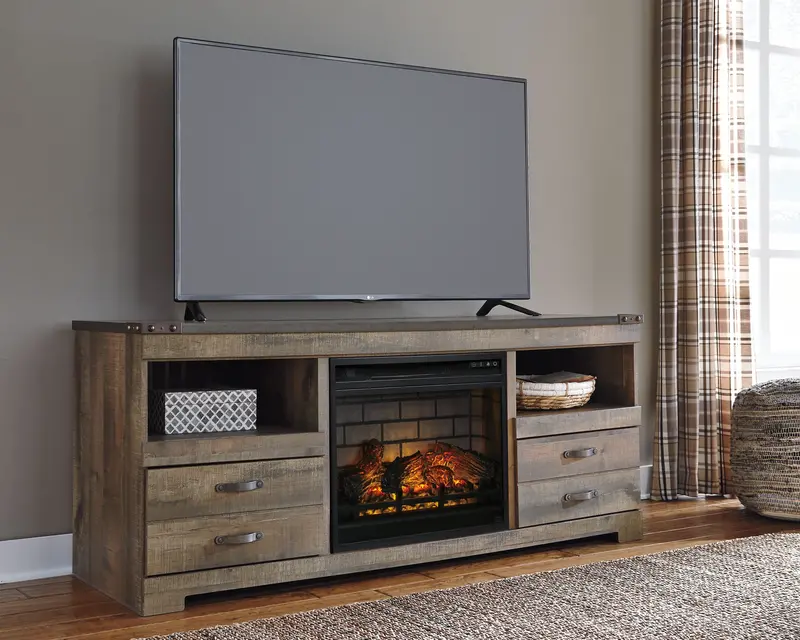 Trinell Brown 63-Inch Tv Stand With Glass-And-Stone Fireplace Feature 1