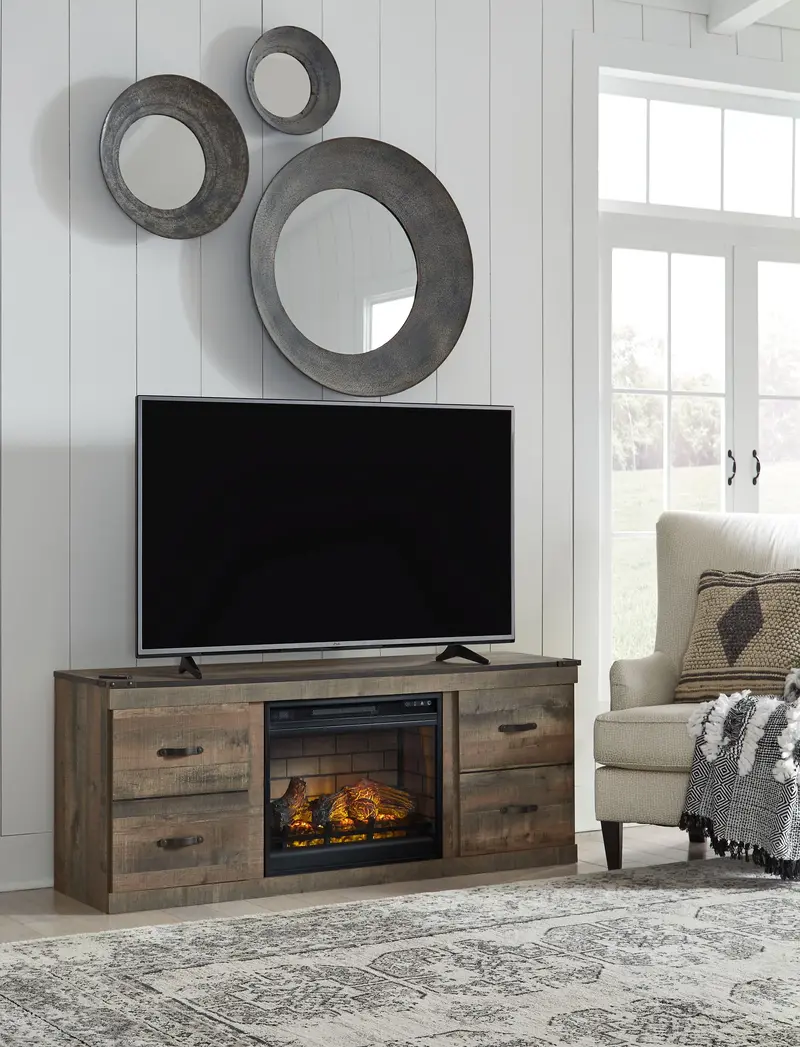 Trinell Brown Media Console With Integrated Electric Fireplace 1
