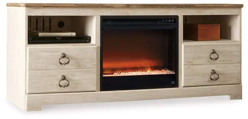 Willowton Whitewash 64-Inch Tv Stand With Glass-And-Stone Fireplace 1