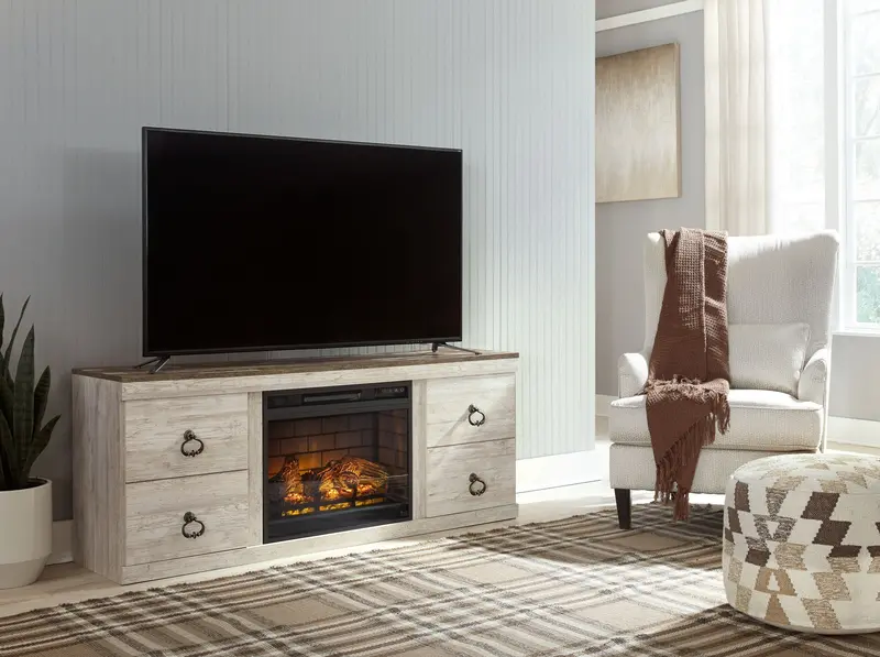 Willowton Whitewash Tv Stand With Faux Firebrick Electric Fireplace Insert 1